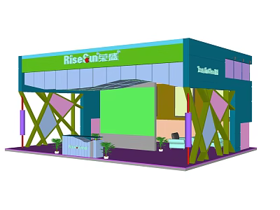Modern Exhibition Booth Design With Green Roof Blue Frame Large Screen And Decorative Plants 3d model