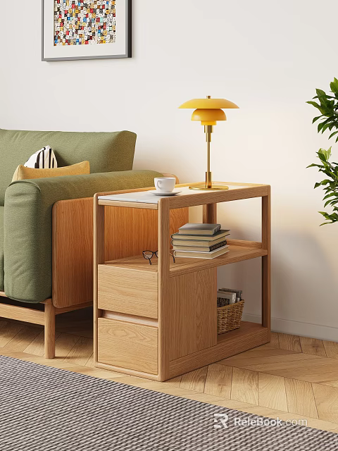 Wooden Coffee Table With Green Sofa Yellow Lamp White Cup And Shelves With Books Basket 3d model 