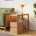 Wooden Coffee Table With Green Sofa Yellow Lamp White Cup And Shelves With Books Basket