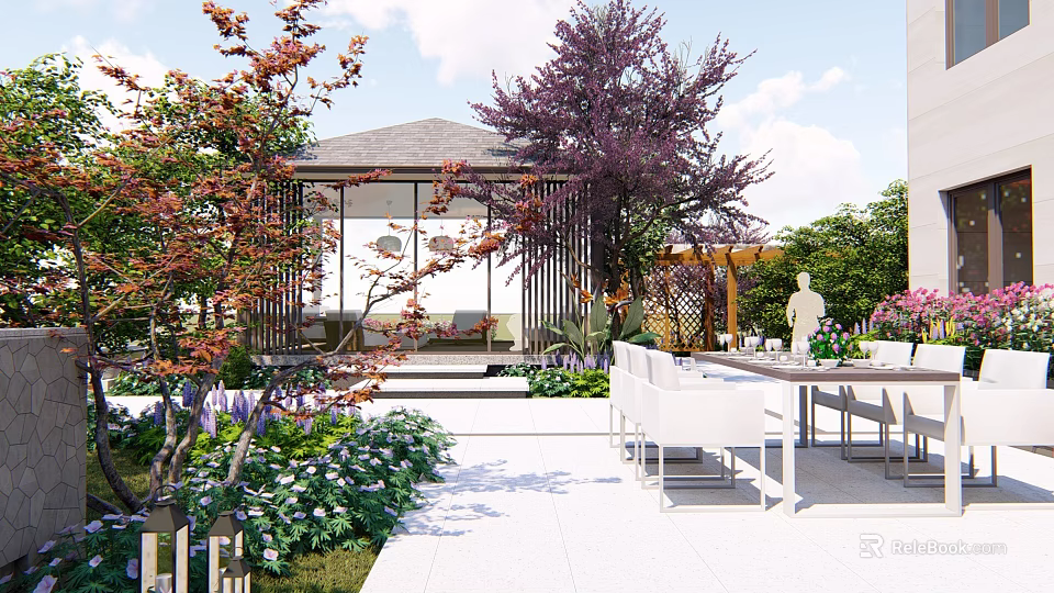 Roof Garden with Gazebo Colorful Trees White Dining Set and Lush Plants 3d model 