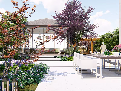Roof Garden with Gazebo Colorful Trees White Dining Set and Lush Plants 3d model
