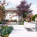 Roof Garden with Gazebo Colorful Trees White Dining Set and Lush Plants