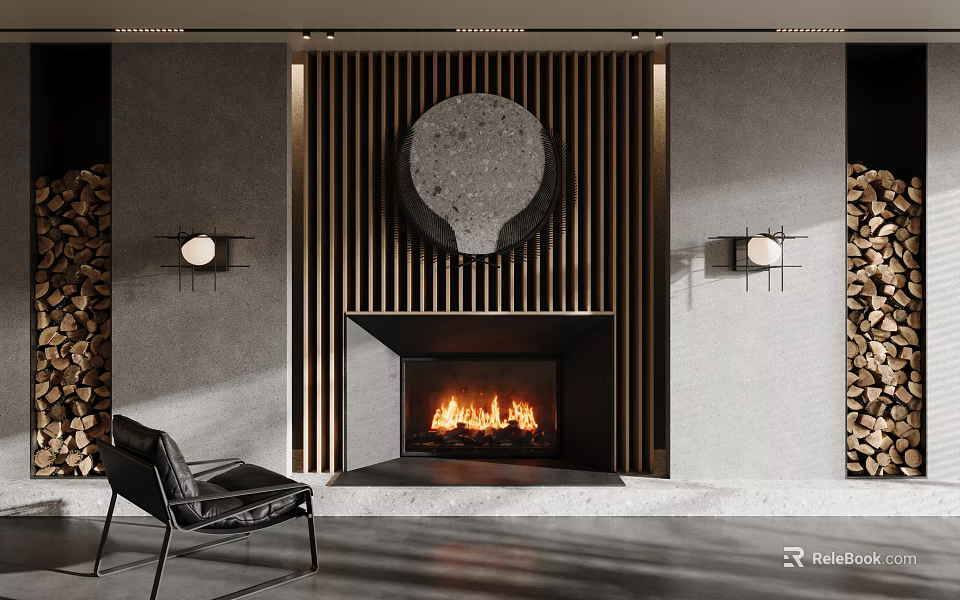 Modern Fireplace With Burning Fire Wooden Slats Wall Lamps And Leather Chair 3d model 
