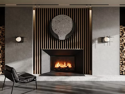 Modern Fireplace With Burning Fire Wooden Slats Wall Lamps And Leather Chair 3d model