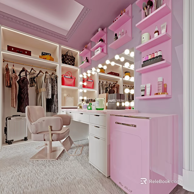 Pink Vanity Room With Dressing Table Mirror And Clothing Storage 3d model 