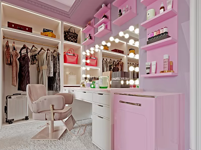 Pink Vanity Room With Dressing Table Mirror And Clothing Storage 3d model