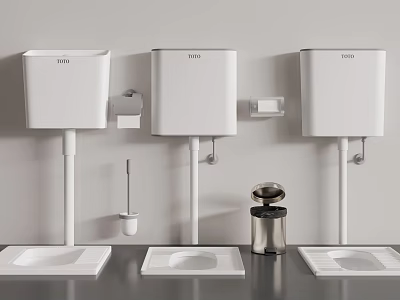 Modern White Toilets with Wall Mounted Cisterns Toilet Brush Paper Holder and Trash Can 3d model