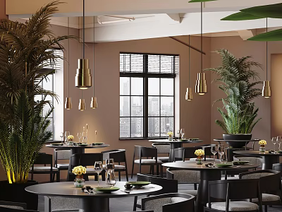 Elegant Modern Restaurant Interior With Pendant Lights Large Windows Green Plants And Dining Tables 3d model