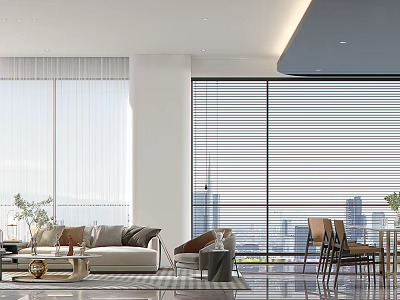 Modern Luxury Living Dining Room With Large Windows Blinds City Skyline Sofa Dining Table Chairs 3d model