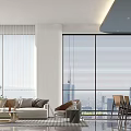 Modern Luxury Living Dining Room With Large Windows Blinds City Skyline Sofa Dining Table Chairs