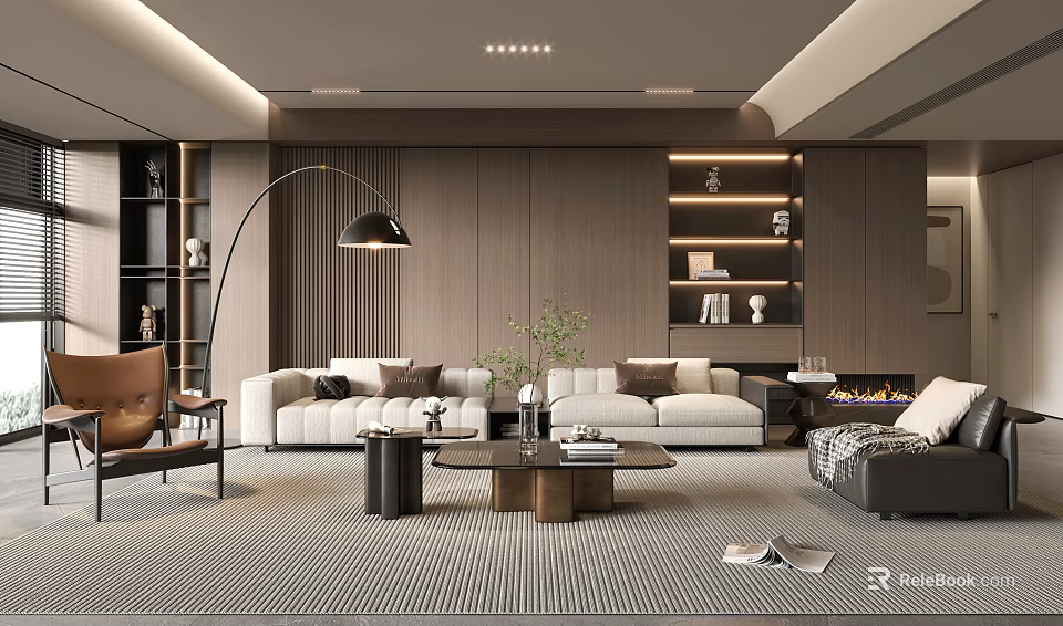 Modern Living Room Interior With Gray Sofa Coffee Table Floor Lamp And Wooden Bookshelf 3d model 