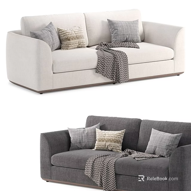 Beige And Gray Two-Seater Sofa With Cozy Pillows And Patterned Blanket 3d model