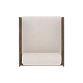 Modern Beige Accent Chair With Wooden Arms And Black Metal Legs Design