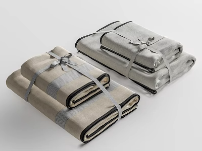 Soft Linen Folded Towels In Beige And Gray Stacked With Ribbon Ties 3d model