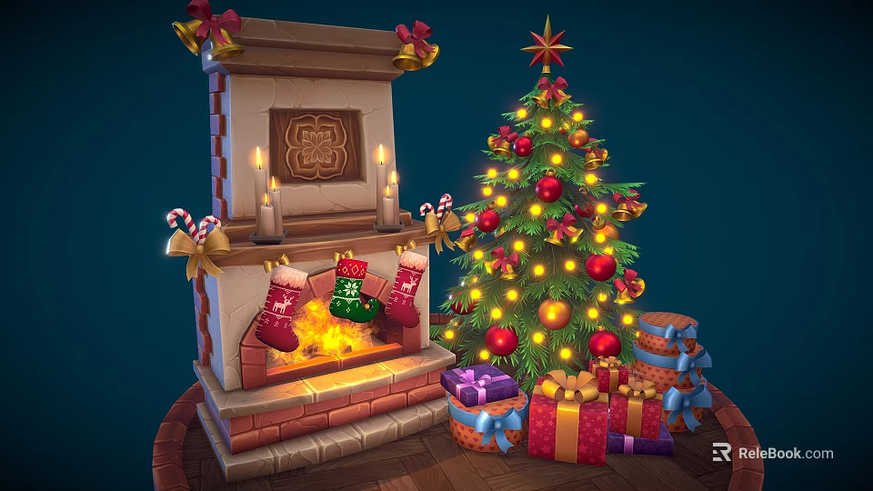Festive Christmas Scene With Decorated Fireplace Burning Fire Christmas Stockings Tree And Gifts 3d model 