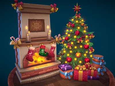 Festive Christmas Scene With Decorated Fireplace Burning Fire Christmas Stockings Tree And Gifts 3d model