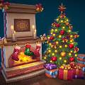 Festive Christmas Scene With Decorated Fireplace Burning Fire Christmas Stockings Tree And Gifts