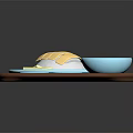 Stacked Crepe On Blue Plate With Brown Tray Green Red Black Sauces And Fork Spoon