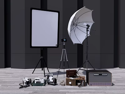 Projection Monitoring Setup With Screen Cameras Tripod Photography Umbrella And Equipment Cases 3d model