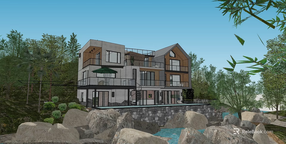 Modern Detached Villa With Spacious Terrace Rocks Water And Lush Greenery 3d model 