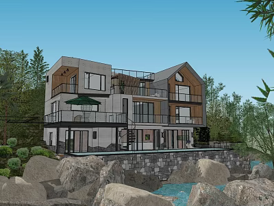 Modern Detached Villa With Spacious Terrace Rocks Water And Lush Greenery 3d model