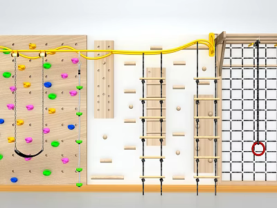 Indoor Kids Climbing Wall With Colorful Rock Holds Rope Ladder And Hanging Ring 3d model
