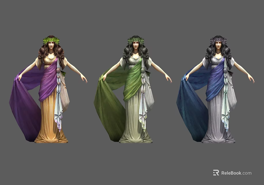 Classical Women in Colorful Flowing Robes with Leaf Wreath Headpieces Standing in Different Poses 3d model 