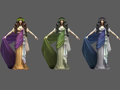 Classical Women in Colorful Flowing Robes with Leaf Wreath Headpieces Standing in Different Poses 3d model