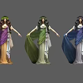 Classical Women in Colorful Flowing Robes with Leaf Wreath Headpieces Standing in Different Poses