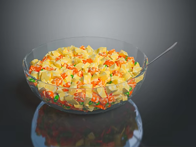 Fresh Salad in Transparent Glass Bowl with Diced Colorful Vegetables and Spoon on Tabletop 3d model