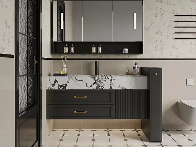 Elegant Modern Bathroom Interior With Marble Countertop Black Cabinets And Mirror 3d model