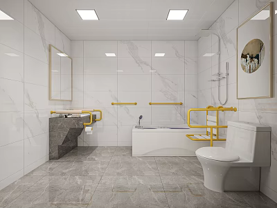 Modern Elderly Friendly Accessible Bathroom With Golden Safety Grab Bars And Elegant Marble Tiles 3d model