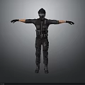 Tactical Character Model Wearing Black Military Gear With Helmet Mask And Extended Arms