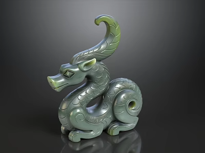 Green Jade Dragon Shaped Decorative Ornament Set With Carved Details For Home Decor 3d model