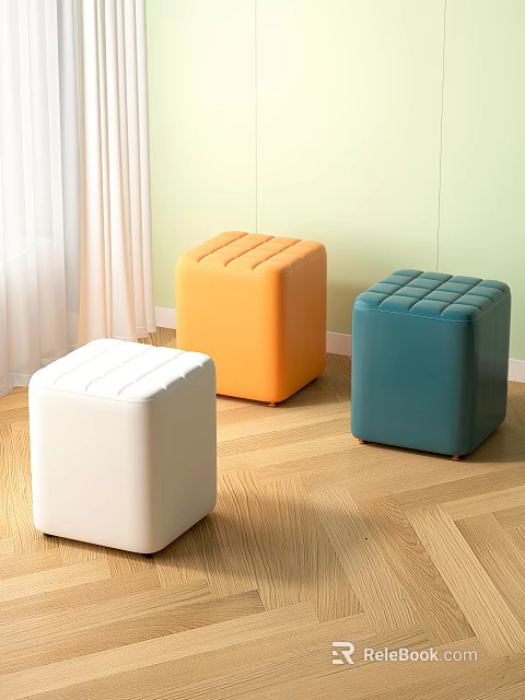 Stylish Square Leather Tufted Stools In White Orange Blue On Wooden Floor 3d model 
