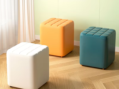 Stylish Square Leather Tufted Stools In White Orange Blue On Wooden Floor 3d model