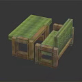Pixel Style Table and Bench Set with Green Checkered Surface and Brown Frame