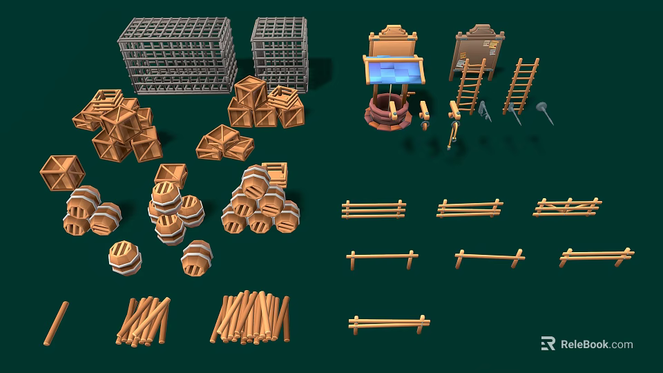 Wooden Craft Items Collection with Barrels Fences Ladders Crates and Logs for Scenes 3d model 