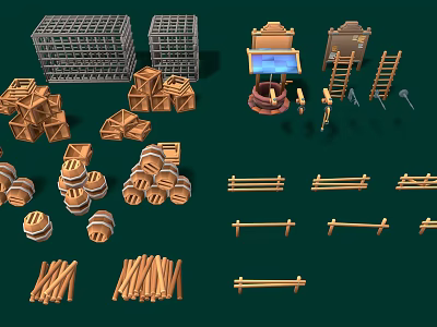Wooden Craft Items Collection with Barrels Fences Ladders Crates and Logs for Scenes 3d model