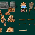 Wooden Craft Items Collection with Barrels Fences Ladders Crates and Logs for Scenes