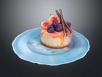 Delicious Cheesecake With Caramel Drizzle Fresh Fruits And Chocolate Sticks On Blue Plate 3d model