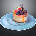 Delicious Cheesecake With Caramel Drizzle Fresh Fruits And Chocolate Sticks On Blue Plate