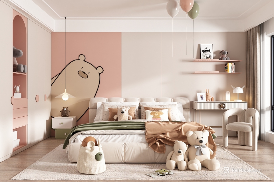 Kids Room With Pink Beige Walls Cartoon Bear Decal Stuffed Toys Bed And Hanging Balloons 3d model 