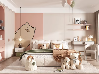 Kids Room With Pink Beige Walls Cartoon Bear Decal Stuffed Toys Bed And Hanging Balloons 3d model