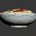 Delicious Noodles In Blue And White Bowl With Green Onions And Red Chili Slices