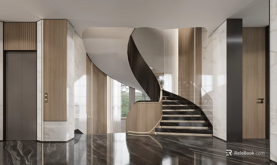 Modern Spiral Staircase Interior With Wooden Panels And Marble Flooring 3d model 