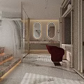 Luxury Modern Bathroom Interior With Marble Walls Two Oval Mirrors And Red Chair