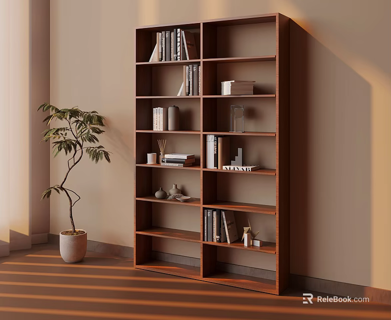 Wooden Bookshelf With Books Decorations And Green Plant In Room Interior 3d model 