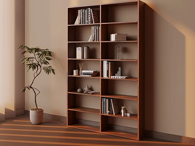 Wooden Bookshelf With Books Decorations And Green Plant In Room Interior 3d model