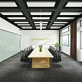 Modern Conference Room Interior With Long Table Whiteboard Greenworks Logo Pendant Lights And Green Plant